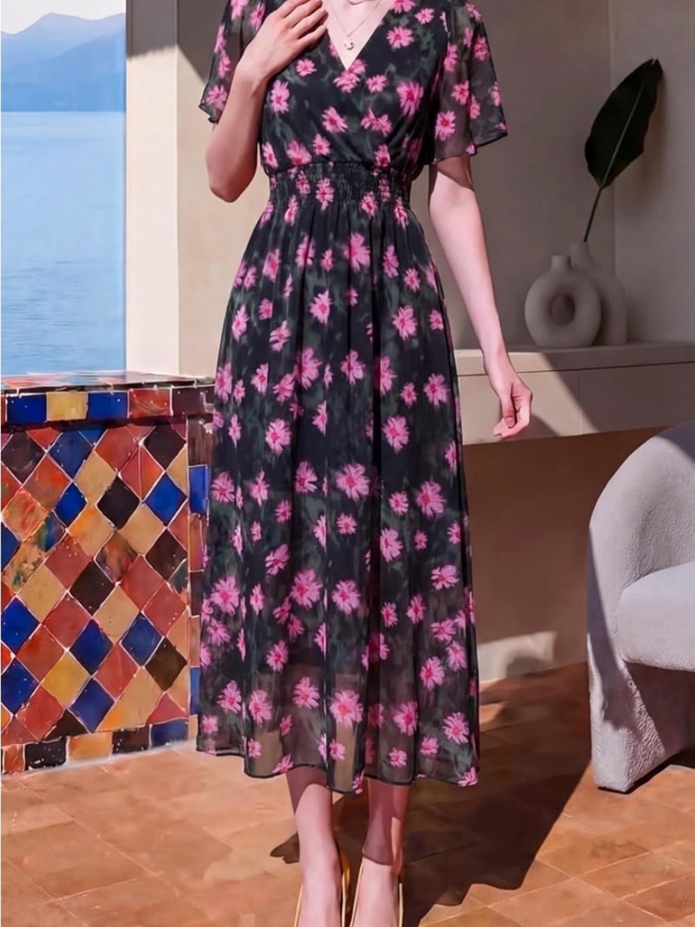 Black Floral Midi Dress with Pink Blossoms Lightweight for Summer